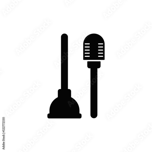 Brush and plunger toilet icon in black flat glyph, filled style isolated on white background