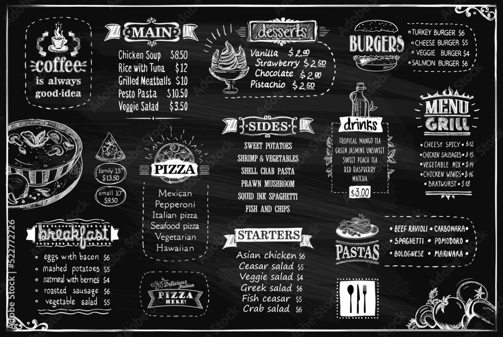 Fototapeta premium Chalk menu list on a blackboard, vector design template for cafe or restaurant