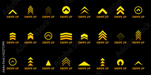 Swipe up icons. Arrow up for social media stories. Set of yellow swipe up icons. Modern scroll pictogram illustration isolated on black background. Vector EPS 10