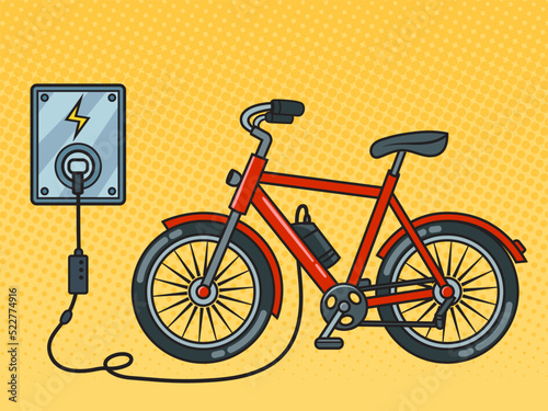 electric bike is charged from the socket pop art retro vector illustration. Comic book style imitation.