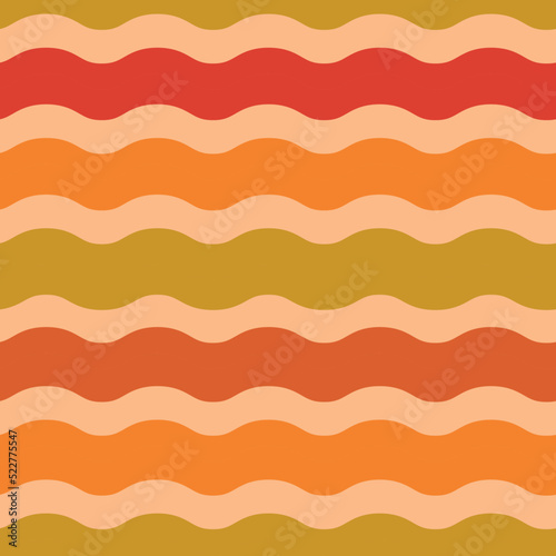Abstract retro 70s waves seamless pattern in red, orange, beige and green. For retro posters, textile and fabric 