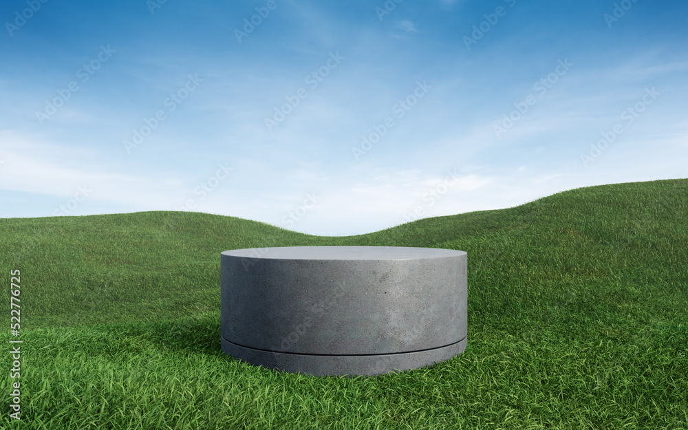 Empty round concrete podium on grass field. 3d rendering image for product display. Empty round concrete podium on grass field. 3d rendering image for product display.
