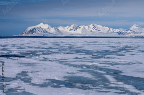 Views of the coast of Svalbard with mountains  ice and ocean in the sunshine