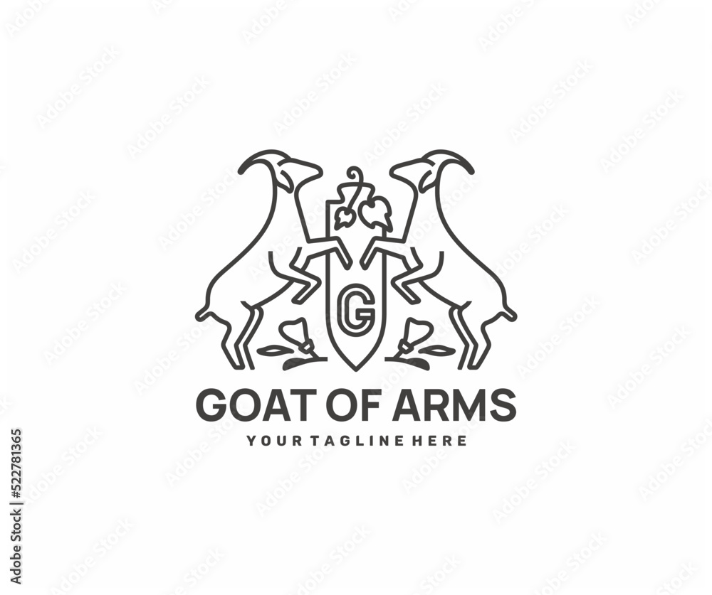 Goats in heraldry logo design. Coat of arms royal emblem shield with animal vector design. Luxury goat crest heraldry logotype