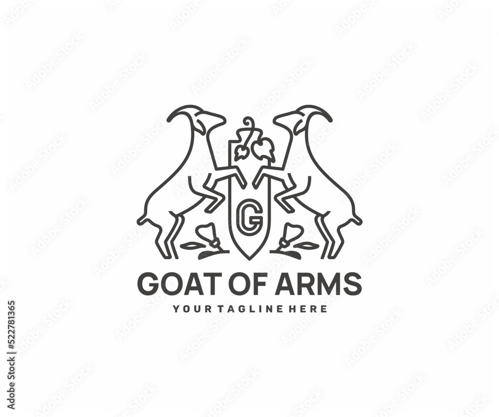 Goats in heraldry logo design. Coat of arms royal emblem shield with