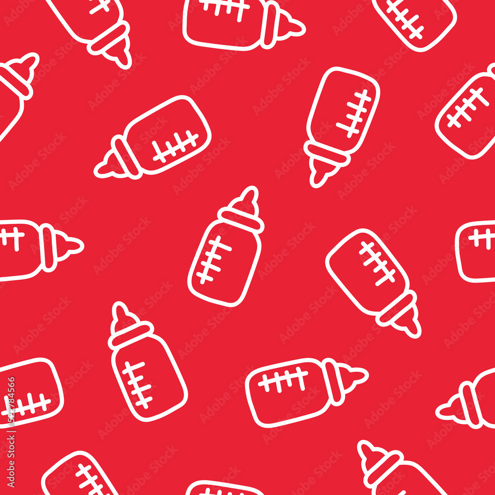 Red seamless pattern with white hand drawn baby bottles