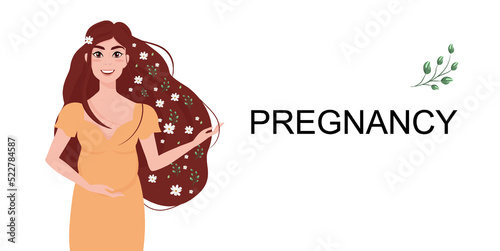 Modern banner about motherhood and pregnancy. Vector illustration of a pregnant girl with long hair.