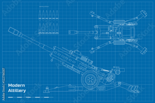 Outline modern artillery. Heavy cannon blueprint. Top, side view of military weapon. Industrial drawing of army gun with ammunition