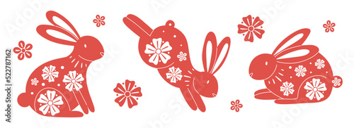Chinese rabbit silhouette. Red traditional New Year zodiac animal, red bunny silhouette with white flowers, 2023 Horoscope. Card or poster decor. Asian lunar calendar, vector oriental illustration