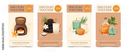 Set of discount voucher for spa treatments. Product cards with aroma lamp, candles, cosmetic bottles. Coupon for a beauty salon. Vector illustration gift card of spa therapy, relaxation, beauty care