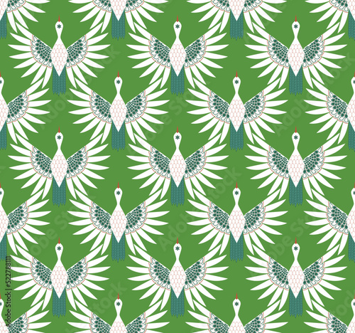 Abstract Detailed Art Deco Elegant Stork Birds Seamless Pattern Perfect for Interior Home Design or Allover Upholstery Fabric Pattern Trendy Fashion Colors