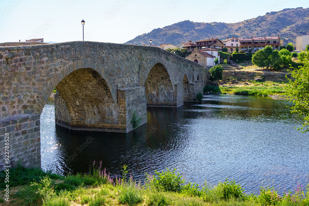 Medieval stone bridge over the River Tormes as it passes through the old village of Barco de Avila, Spain.