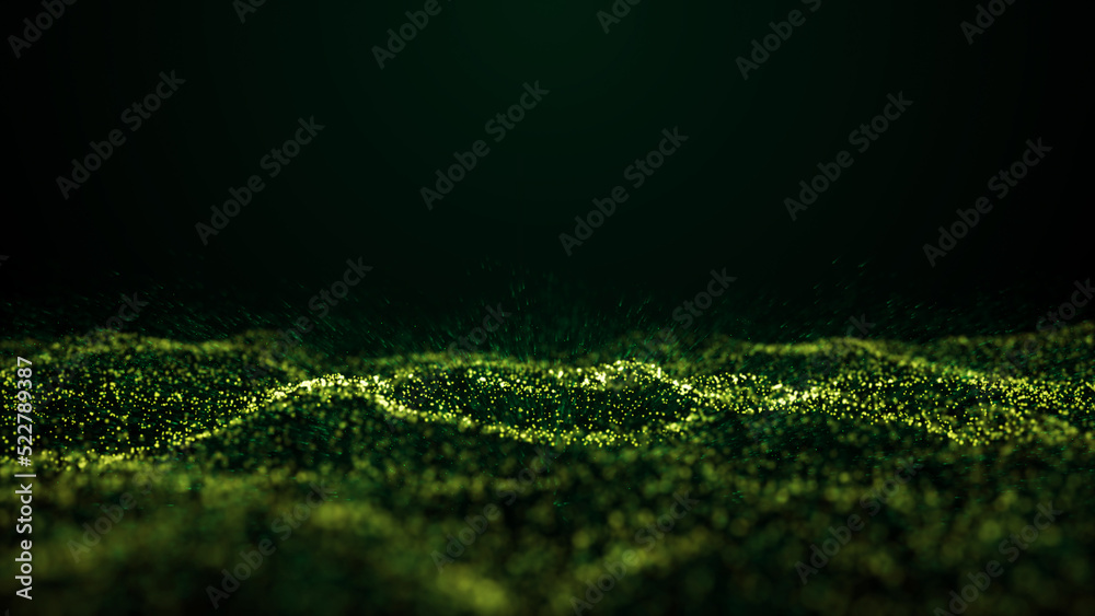 A wave of particles. Abstract background with dynamic green wave. Blue background with moving particles. Science and technology. 3d rendering.