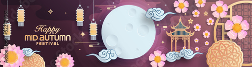 Mid autumn festival paper art style with full moon, moon cake, chinese lantern and rabbits on background.