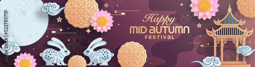Mid autumn festival paper art style with full moon, moon cake, chinese lantern and rabbits on background.