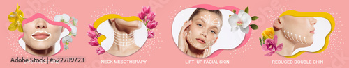 Horizontal poster, flyer with woman's portraits with graphic lines showing facial lifting effect procedures on skin. Anti-aging treatment, beauty, cosmetic