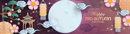 Mid autumn festival paper art style with full moon, moon cake, chinese lantern and rabbits on background.
