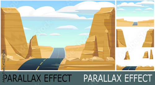 Good asphalt road. Quality modern empty highway. Desert landscape with rock stone cliffs. Suburban intercity pathway. Image from layers for overlay with parallax effect. Vector.