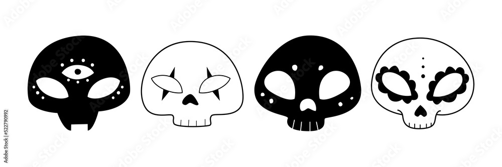 Fototapeta premium Skull. A set of different cute skulls for Halloween. Vector illustration hand-drawn in doodle style
