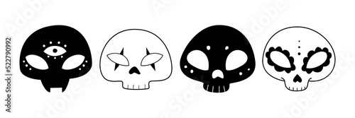 Skull. A set of different cute skulls for Halloween. Vector illustration hand-drawn in doodle style