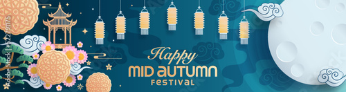 Mid autumn festival paper art style with full moon, moon cake, chinese lantern and rabbits on background.