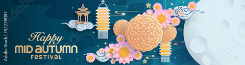 Mid autumn festival paper art style with full moon, moon cake, chinese lantern and rabbits on background.