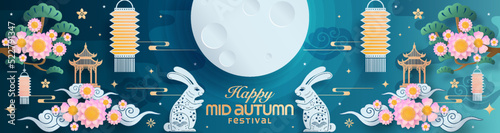 Mid autumn festival paper art style with full moon, moon cake, chinese lantern and rabbits on background.
