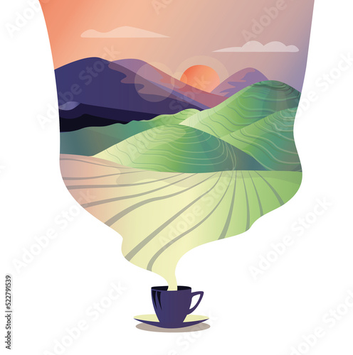a cup of coffee with steam emanating from it in the form of a cloud with a mountain landscape