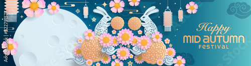 Mid autumn festival paper art style with full moon, moon cake, chinese lantern and rabbits on background.