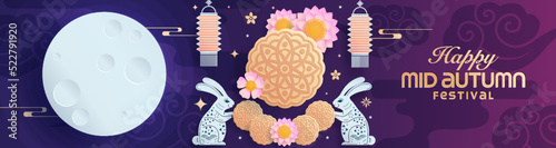 Mid autumn festival paper art style with full moon, moon cake, chinese lantern and rabbits on background.
