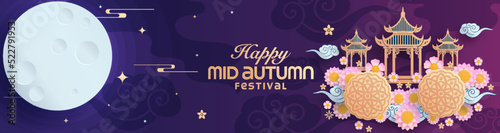 Mid autumn festival paper art style with full moon, moon cake, chinese lantern and rabbits on background.