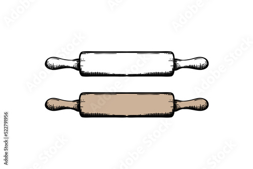 Rolling Pin. Rolling Pin Kitchenware Vintage Vector. Wooden Rolling Pin Pastry Cooking Tool Ware. Bakery Kitchen Utensil Item Engraving Mockup Hand Drawn