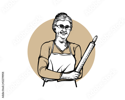 Grandma Holding Rolling Pin. Rolling Pin Kitchenware Vintage Vector. Wooden Rolling Pin Pastry Cooking Tool Ware. Bakery Kitchen Utensil Item Engraving Mockup Hand Drawn