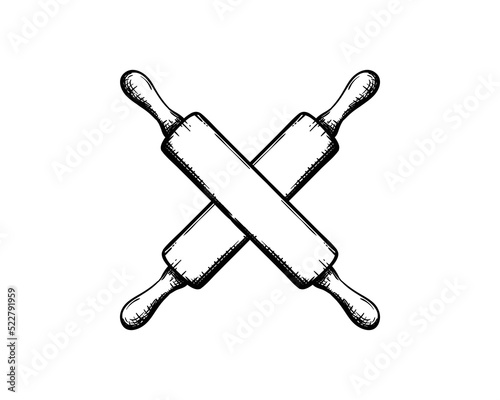 Cross Rolling Pin. Rolling Pin Kitchenware Vintage Vector. Wooden Rolling Pin Pastry Cooking Tool Ware. Bakery Kitchen Utensil Item Engraving Mockup Hand Drawn