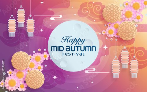 Mid autumn festival paper art style with full moon, moon cake, chinese lantern and rabbits on background.