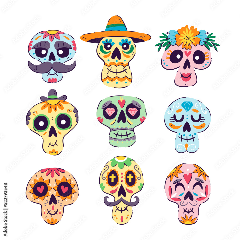 Fototapeta premium Mexican Sugar Skull collection. Isolated skulls, perfect for Day of the Dead sticker designs, online posts, party events... Set 2 o 2.