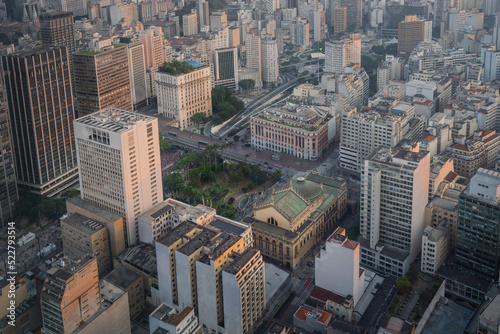 Aerial view of Sao Paulo Historic City Center with Vale do Anhangabau, Viaduto do Cha and Municipal Theatre - Sao Paulo, Brazil