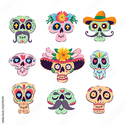 Mexican Sugar Skull collection. Isolated skulls  perfect for Day of the Dead sticker designs  online posts  party events... Set 1 o 2.