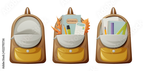Set of open backpacks with school supplies, notepads, ruler and triangle, calculator, marker and pencil. Bag for students and schoolchildren