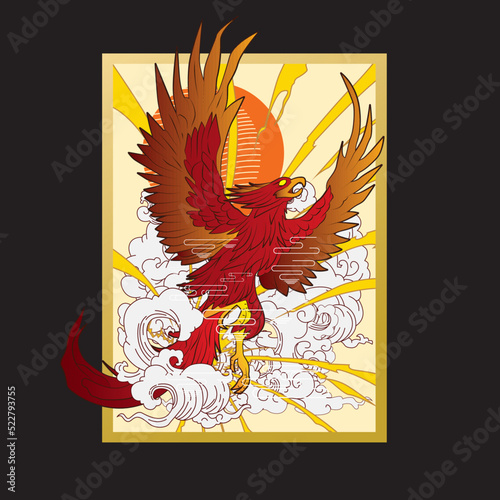 phoenix illustration with japanese style background