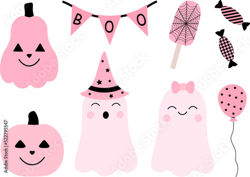 Set cute pink ghosts pumpkin Halloween vector illustration