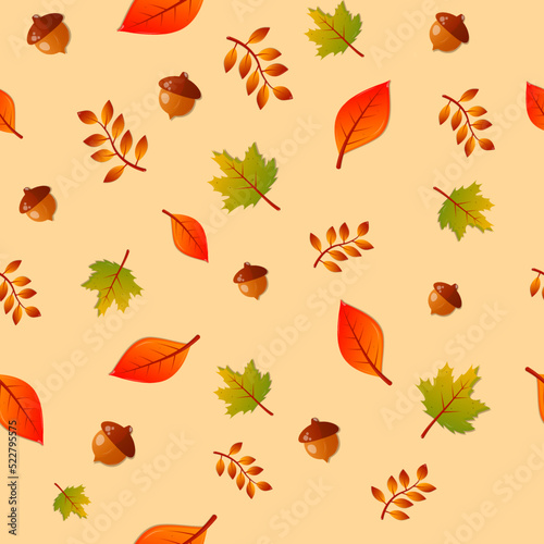 Autumn decorative seamless pattern with seasonal  acorns and leaves