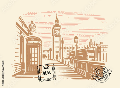 London city with Big Ben. Hand drawn line sketch European old town.