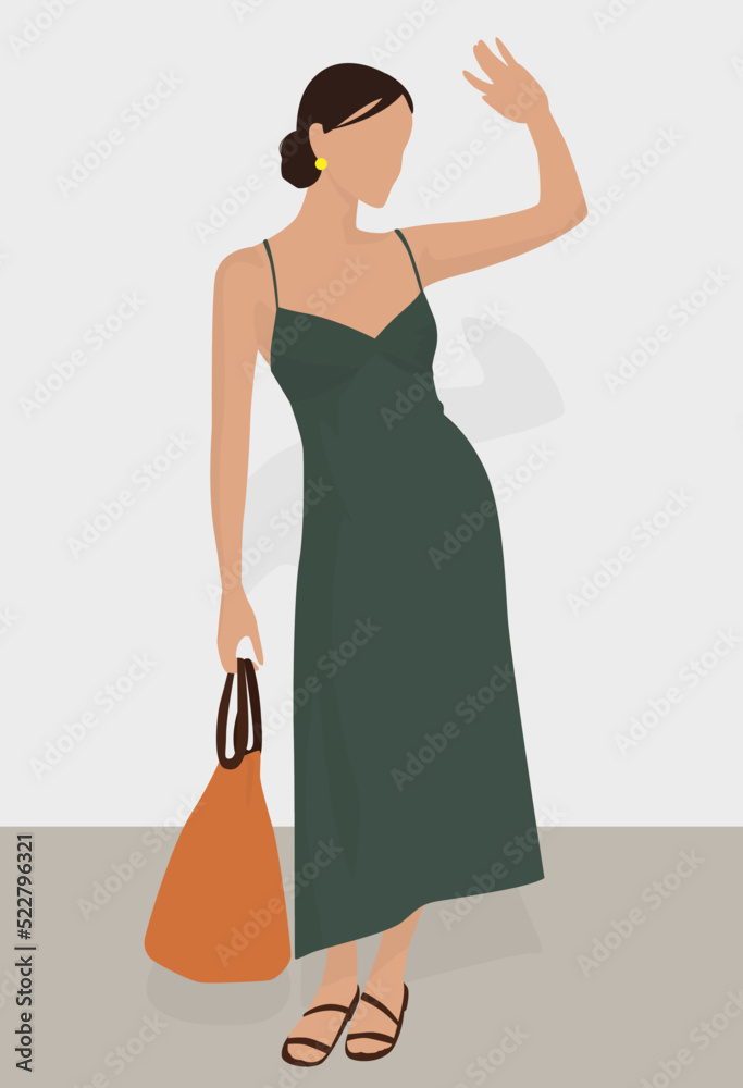 Vector flat image of a girl with dark hair. Lady in a sundress, sandals and a bag. Design for cards, avatars, backgrounds, posters, banners, textiles, templates. Vector flat image of a girl with dark hair. Lady in a sundress, sandals and a bag. Design for cards, avatars, backgrounds, posters, banners, textiles, templates.