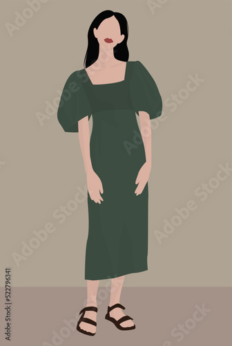 Vector flat image of a young attractive girl in a green midi dress and themed sandals. Design for postcards, avatars, posters, backgrounds, templates, textiles, banners.