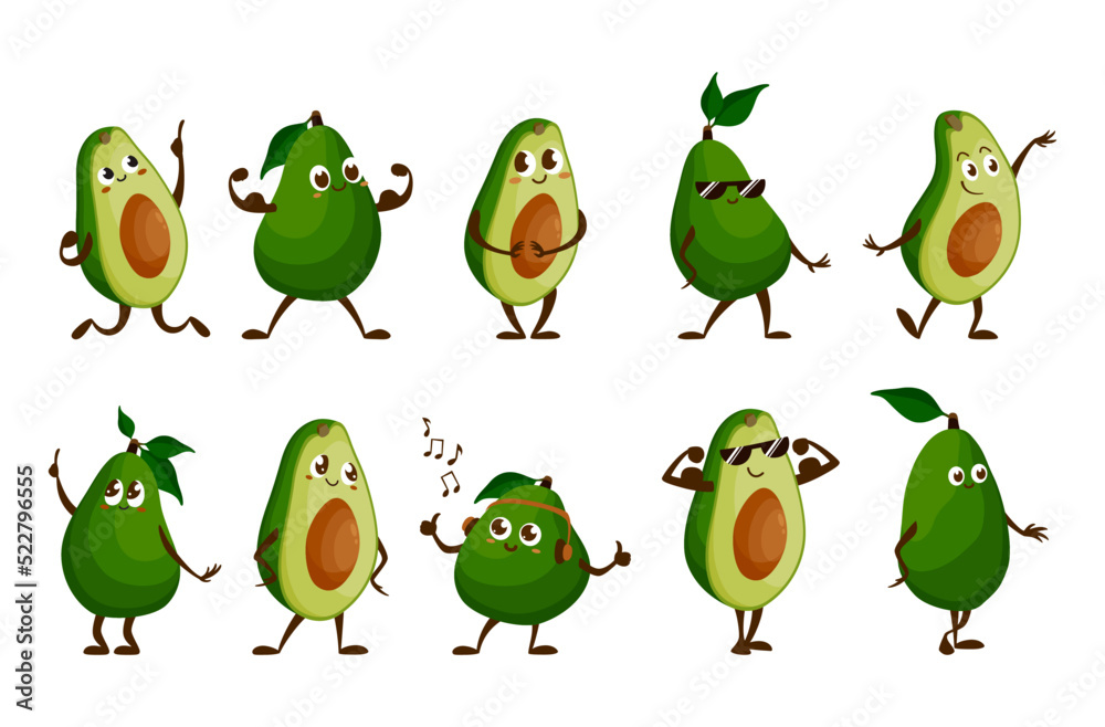 Avocado smileys funny characters set vector isometric cute exotic fruit dancing strong muscle Avocado smileys funny characters set vector isometric cute exotic fruit dancing strong muscle