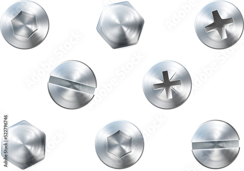 A set of metal shiny screws and bolts for use in your designs photo