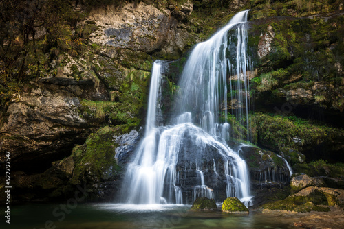 Fototapeta Naklejka Na Ścianę i Meble -  Beautiful Waterfall Virje on River Gljun near town of Bovec in Slovenia