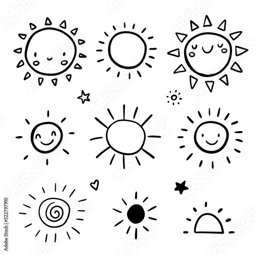 Sun doodleCute set of sun icons. Funny happy smiley suns. Happy doodles bright and beautiful cartoon characters. Vector illustration