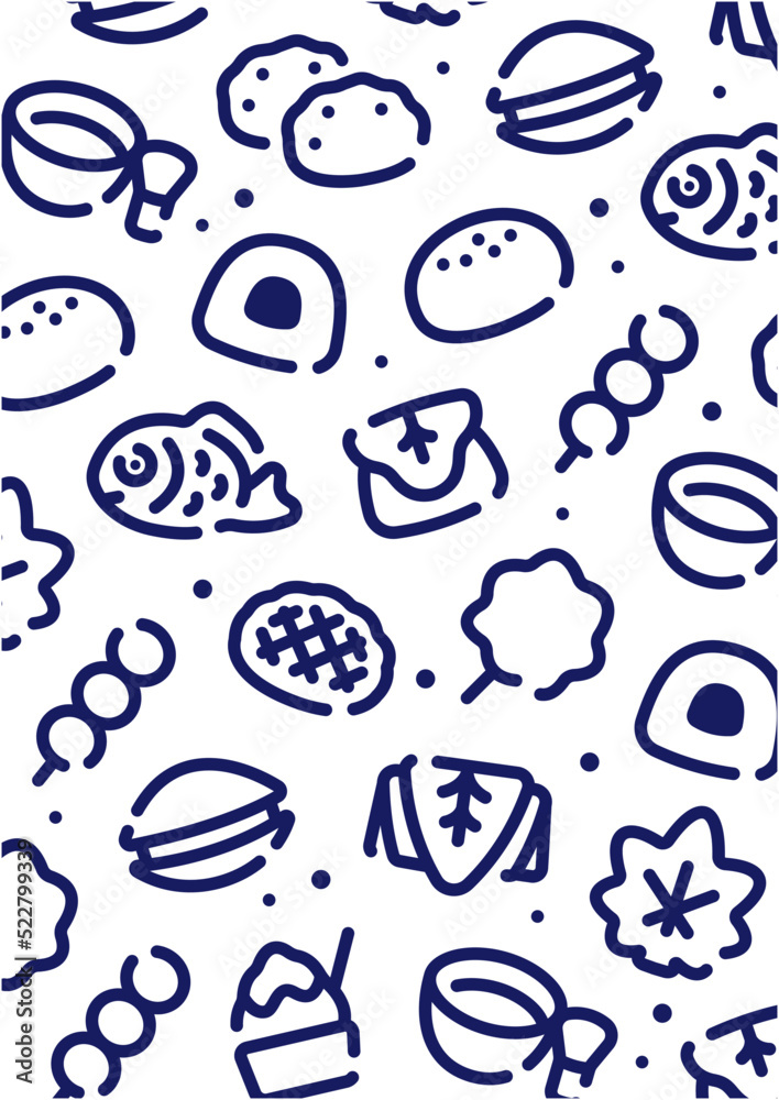 Fototapeta premium Japanese desserts and sweets pattern background for graphic design.A-size vertical.